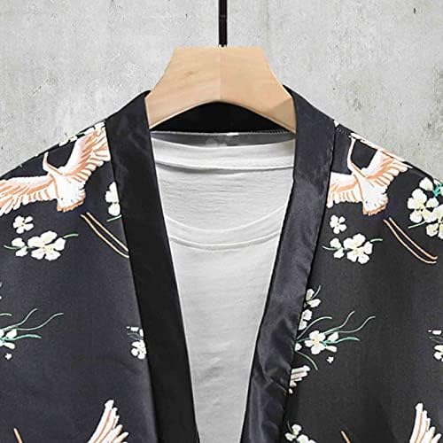 Cardigan quimono japonês para homens, abertura aberta solta 3/4 manga guindaste branca impressão floral casual jaqueta leve estilo street 3d padrões novatos à beira -mar gráfico
