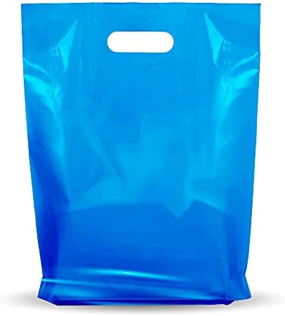 100 pacote 12 x 15 com 2,25 mil de espessura mercadorias azuis plásticas bolsas de varejo brilhantes | Die Cut Handles |