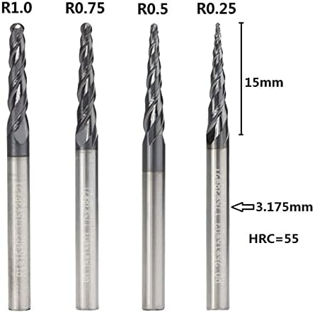 Frill Bits Mill de ponta de bola cônica 1pc R0.25/R0.5/R0.75/R1.0 3,175mm Madeira de carboneto de carboneto de carboneto de madeira