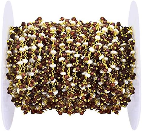 Garnet de 10 pés com rosário de cluster de pérolas, 2,5-3mm 24k Fio de arame revestido de ouro embrulhado Cadeia de rosário.