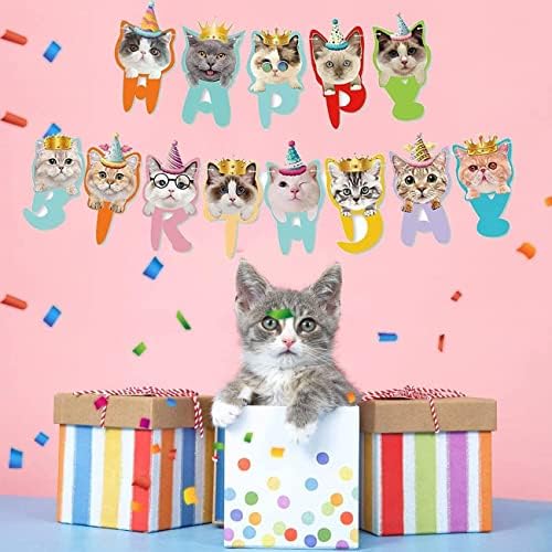 Cat Feliz Aniversário Banner Pet Meow Party Decoration Faces Faces Banner Birthday Banner para Festa de Aniversário Temático de Cat