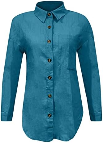 Camisas de linho de algodão feminino botão casual de manga longa para baixo de lapela blusas tops de cor sólida no