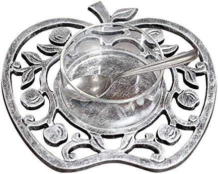 Zion Judaica Apple Passover Seder Prato Caroset ou Uso de placa de água salgada - prata antiga e vidro tigela de 4 peças