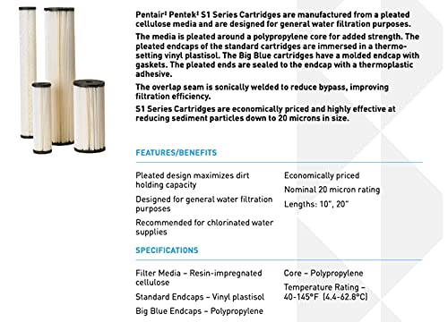 Filtro de água de sedimentos Pentek Pentek S1-20, cartucho de substituição de celulose de 20 polegadas, casa inteira, 20