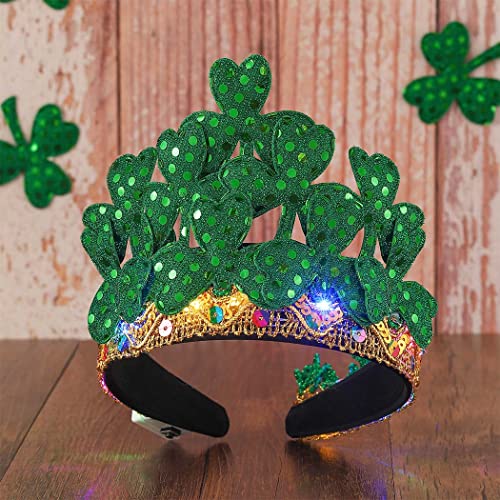 Cakure Saint Patrick Crown Shamrock Crown Light Up Banda da cabeça Queen Tiara Hairbands Supplies Hair Hoop Festive Party