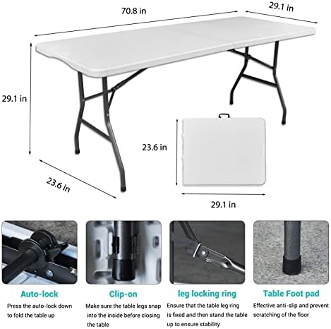 Gnomiya Tabelas dobráveis ​​de 6 pés, mesa de dobramento portátil de plástico HDPE para serviço pesado, mesa de jantar dobrável