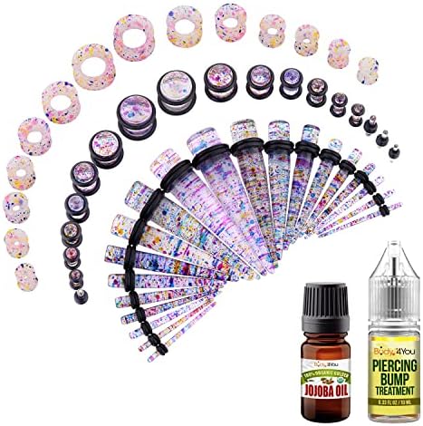 Bodyj4you 51pc Kit Kit Ear alongamento pós-cuidado jojoba cera de óleo 14g-12mm Multicolor Glitter Tunnel Plug reduto