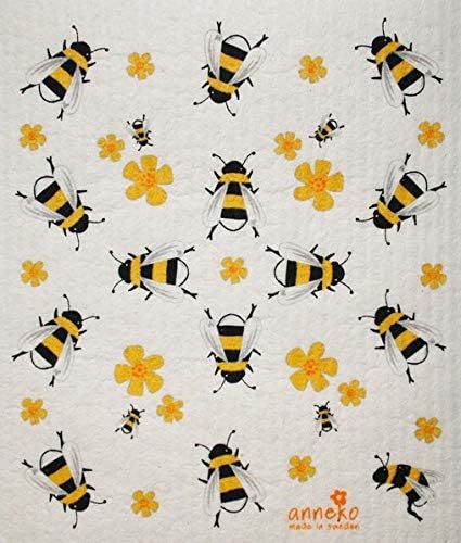 Anneko sueco pano de louça/pano de esponja amarelo + abelhas pretas