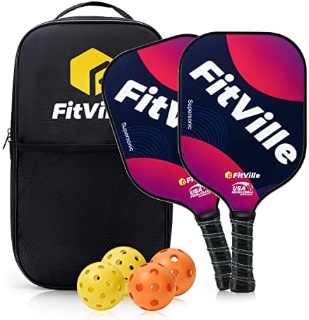 Fitville Pickleball Paddle e Ball Conjunto de 2 raquetes e 4 bolas de picles, raquete de pickleball leve com bolsa de pickleball