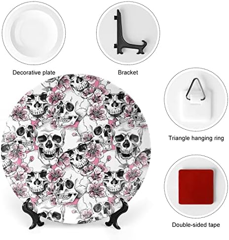 Skull and Flowers Cherry Cherry Personalizado China China personalizada Cerâmica Decorativa Placas redonda em casa com suporte de exibição 7 polegadas