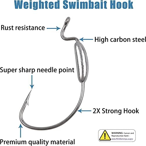 Ganchos ponderados de natação para pesca de robalo, 10pcs/caixa de deslocamento ponderado com gancho de gap de gap extra de gap macio