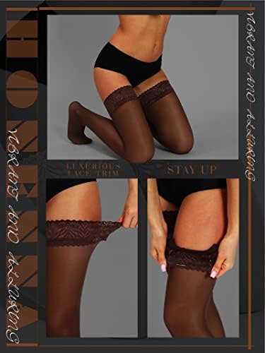 HONENNA Semi Sheer Stay Up Lingerie coxa meias altas Lace Tamanho superior A-F, 1-2 pares