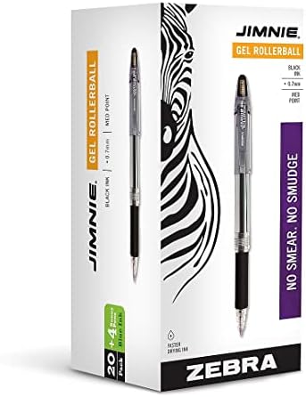 Zebra 14410 Jimnie Roller Ball Stick Gel Pen, Black Ink, Medium, 24/Box