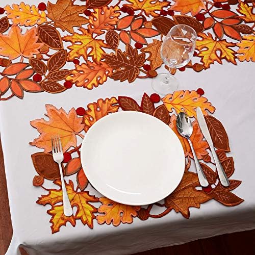Conjunto de Simhomsen de 4 folhas bordadas Tabela de lugares para o Dia de Ação de Graças, outono ou Decorações de colheita de outono 14 × 20 polegadas