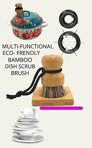 Circulento de bambu de bambu escova de lavagem, vara de variação, escova de prato ecológica, lavador de ferro fundido, escova