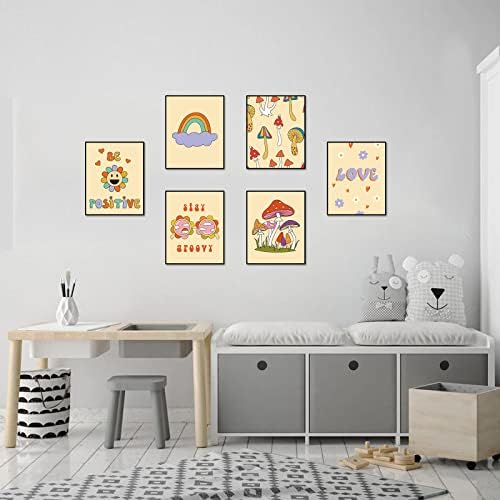 Yixihompt Inspirational Groovy Posters 70s e 60s Hippy Style Wall Art Flowers, emoji, cogumelos e citações positivas Citações vintage