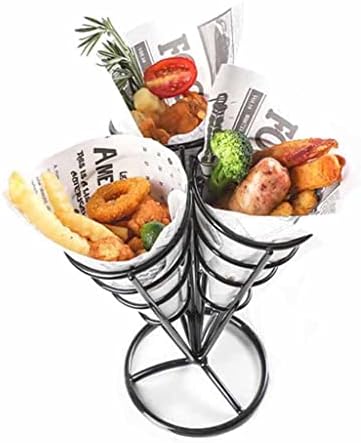 Jemmco Fries French Stand Cone Basket, 1 segura 3 cones por suporte de cone, exibição de casquinha de sorvete para festas em casa/piqueniques/lanches no quintal, aperitivos ou sobremesas