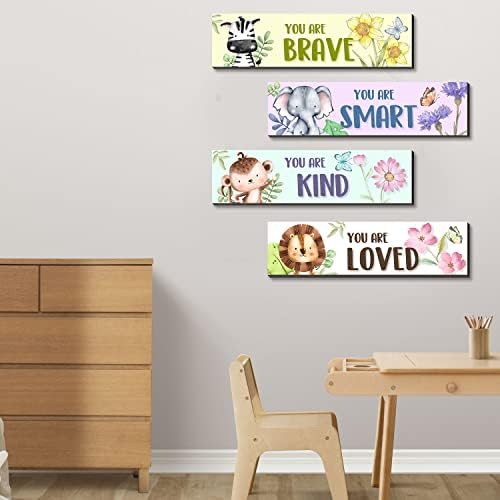 4 PCs Kids Animais Decoração da sala de arte, Animais Decoração de viveiro de dinossauro Arte de parede, citação de citação inspiradora