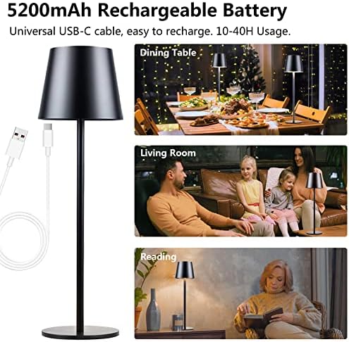 Lâmpada de mesa sem fio aonnyo, lâmpada de mesa recarregável USB de 5200mAh, brilho de controle de toque, lâmpada de alumínio