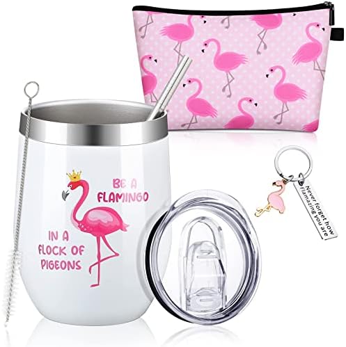 Presentes de flamingo de Natal para mulheres, incluindo palha de vinho de aço inoxidável Flamingo com palha e escova