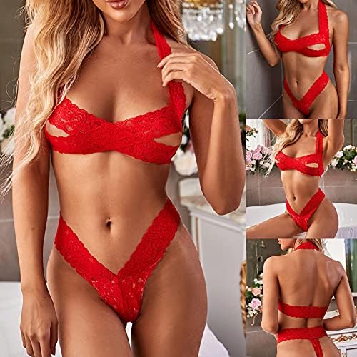 Mulheres Sexy Lingerie renda Babydoll Halter Bandagem Bra e calcinha