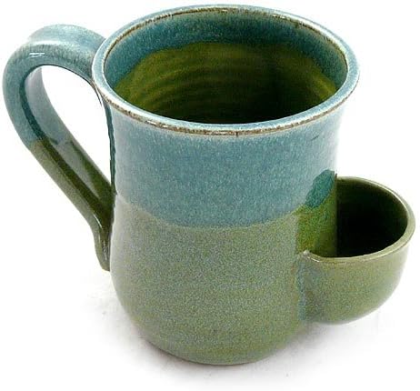 Caneca de chá de artesãos modernos - grés esculpida à mão com suporte para saquinhos de chá, 16 onças, azul/verde