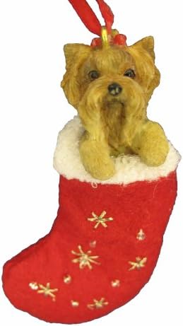 Yorkie Puppy Christmas Stocking Ornament com detalhes de Papai Noel pintados à mão e costurados