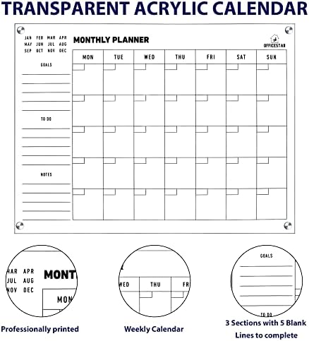 OfficeStar 28 x 21 x 0,2 polegadas - Calendário de acrílico para parede - grande - Organizador mensal apagado seco reutilizável