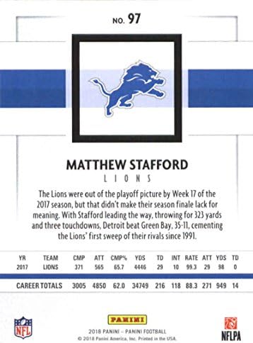 2018 Panini NFL Football 97 Matthew Stafford Detroit Lions Cartão de negociação oficial