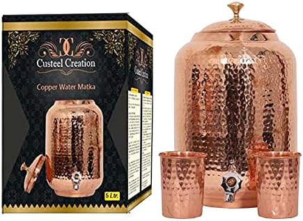 Conjunto de bebidas de cobre puro - panela de água de cobre 5 litros com 2 vidro, conjunto de recipientes de água de cobre pacote de 3 pcs