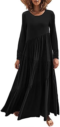 Vestido maxi de manga longa HTHJSCO para mulheres de pescoço redondo sólido Casual verão Boho Beach Dresses da igreja plissada