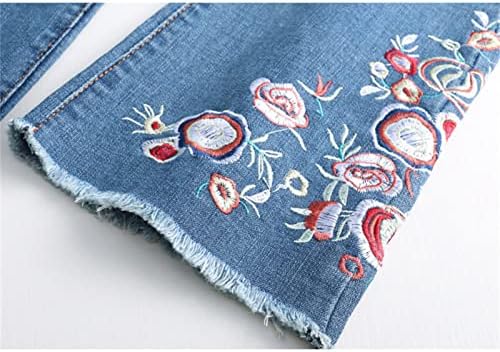 Maiyifu-gj feminino floral bordado skinny flare jeans jeans alta cintura sino calça jeans de jeans lavados destruídos bainha crua jeans