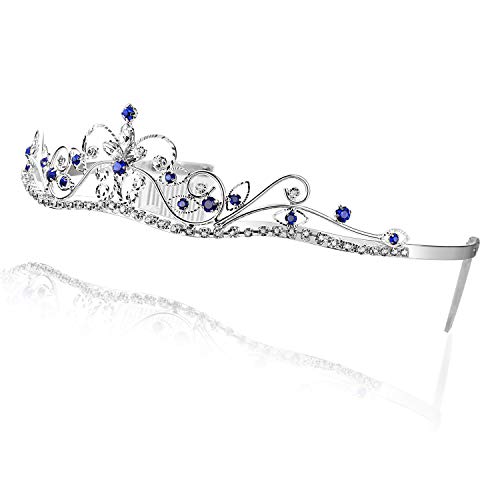Strass Crystal Flower Prom Coroa de Casamento Tiara - Cristais Real/Blue Dark Placing Silver