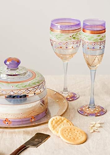 Golden Hill Studio pintado à mão Flute Champagne Conjunto de 2 - Coleção de Garland em mosaico marroquino - copos pintados à mão por artistas dos EUA - Glass de champanhe exclusivos e decorativos, decoração de mesa de cozinha