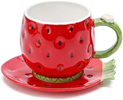 Cup de chá de cerâmica de Noviko e pires de caneca de caneca de caneca de morango com pires - 8 onças