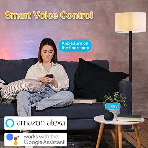 Lâmpada de piso inteligente e diminuída para sala de estar, controle de aplicativos Wi-Fi liderou moderno lâmpada de luz alta compatível com Alexa & Google Home, 2700-6500K Cor branca e lâmpada de canto RGB com abajur de linho