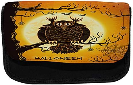 Caixa de lápis de Halloween lunarable, coruja em bosques assustadores, saco de lápis de caneta com zíper duplo, 8,5 x 5,5, preto laranja