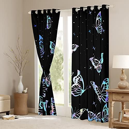 Erosebridal Neon Butterfly Cortinas e cortinas, cortinas estreladas do Blackout Blackout, Cortina de Tema da Estrela da Cortina da Galáxia, cortinas de janela estética chiques para crianças meninos meninas 104wx90l