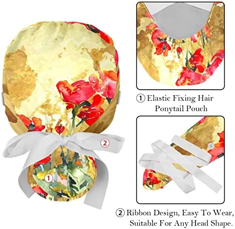 Capas médicas ratgdn para mulheres com botões longos cabelos longos, boné de trabalho ajustável de 2 peças, padrão de flores de papoula