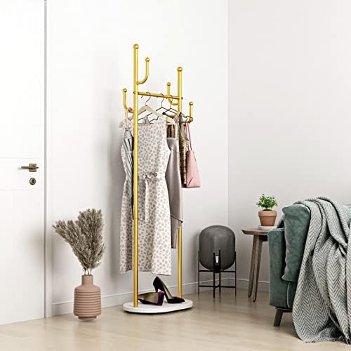 Ironjiazu Gold Clothing Racks com prateleiras, roupas de ouro para pendurar roupas, prateleiras de casaco grátis com barra dupla de alta qualidade para organizar roupas, sacolas.