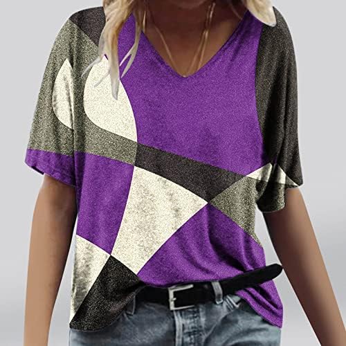 Camisas femininas Casual Summer Sanve curto V Tops de pescoço Moda Moda Camiseta de bloco colorido 2023 camisetas de blusa de ajuste solto