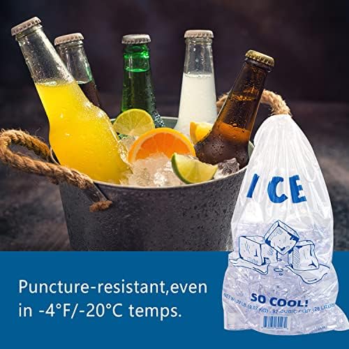 Sacos 24/7- 100 sacos de gelo, capacidade de retenção de 20 lb, clara com cordões, sem BPA, resistente à punção, de serviço pesado