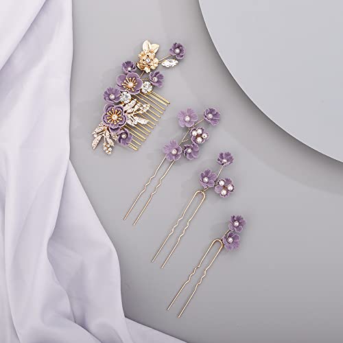 Beryuan Rhinestone Flower Hair Pedaços de cabelo de cabelo roxo