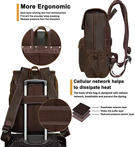 Mochila de couro de grão completo vintage para laptop de 15,6 polegadas para homens para homens de viagem casual saco