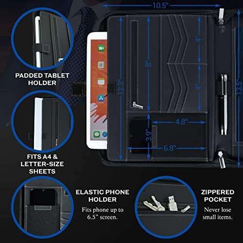 Mastery Prestige portfólio/padfolio organizador de couro PU Com manga de tablet, notebook A4, telefone e cartões de visita - titulares de documentos de entrevista profissional, pasta de arquivos, pasta de arquivos