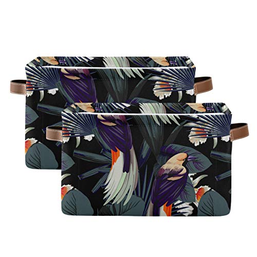 Bin Bin de armazenamento retangular Tropical Palm Leave Birds Tela Fabric com alças - cesta de armazenamento retangular para livro,