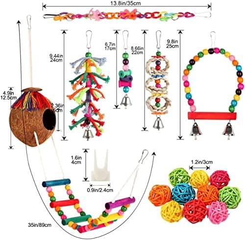 Brinquedos de pássaros 18 PCs Pássaro periquito swing mastigando brinquedos pendurados escalando escada de coco para gaiola de pássaro cesto de erva -marinhos adequado para cacetas, conules, tentilhões, periquito, pássaros amorosos