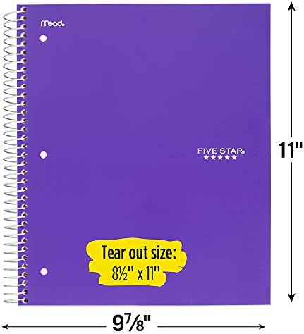 Notebook em espiral de cinco estrelas, 1 disciplina, colégio governou papel, 100 folhas, 11 x 8-1/2, escola, com fio, roxo