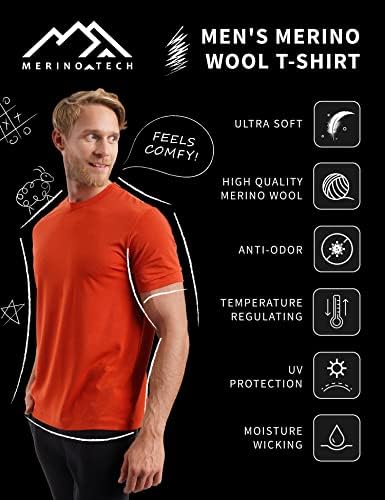 Merino.tech Merino Wool T -shirt Mens - de lã orgânica de lã sub -camiseta leve camada de base leve