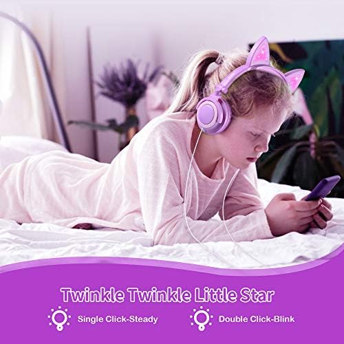 CABELOS DE EAR CAT BARSONOS, Proteção auditiva Firada dobrável em fones de ouvido com luz de áudio LED Light Light 3,5 mm para crianças